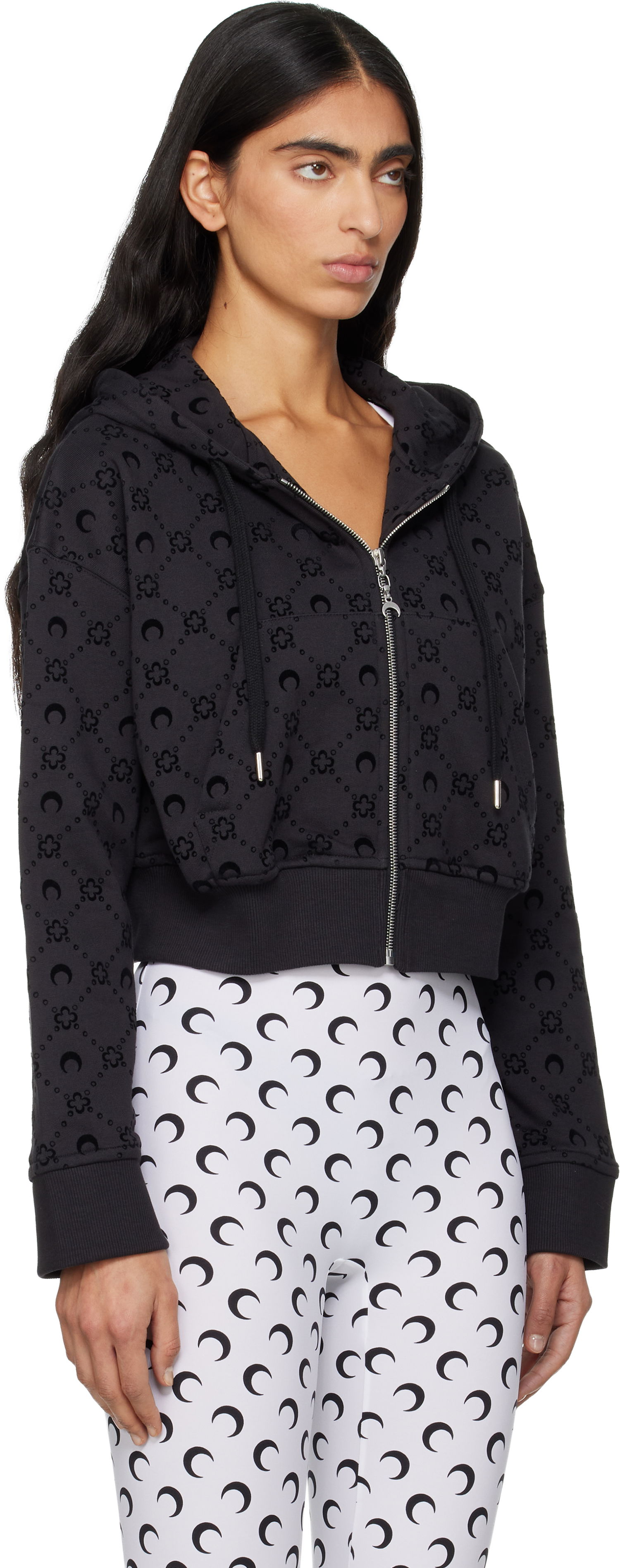 Mikina Marine Serre Marine Serre Moonogram Flocked Fleece Cropped Zipped Hoodie Čierna | WST019ACJER0089, 1