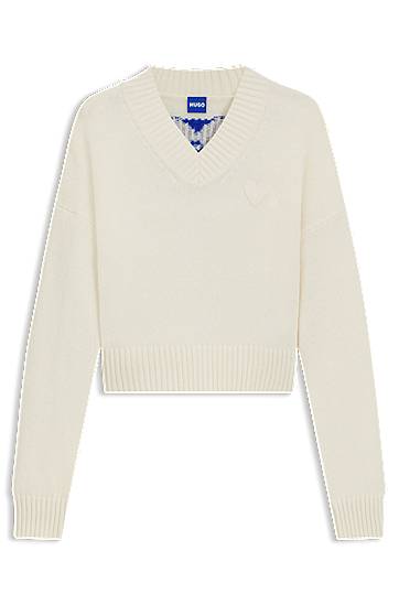 Sveter BOSS HUGO Women's Happy Cropped V-Neck Sweater with Heart Detail Biela | 50543059