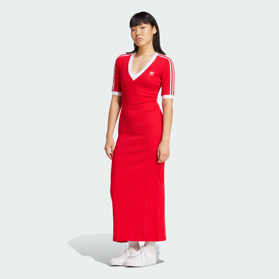 Šaty adidas Performance 3-Stripes Knit V-Neck Dress Červená | IY7217, 0