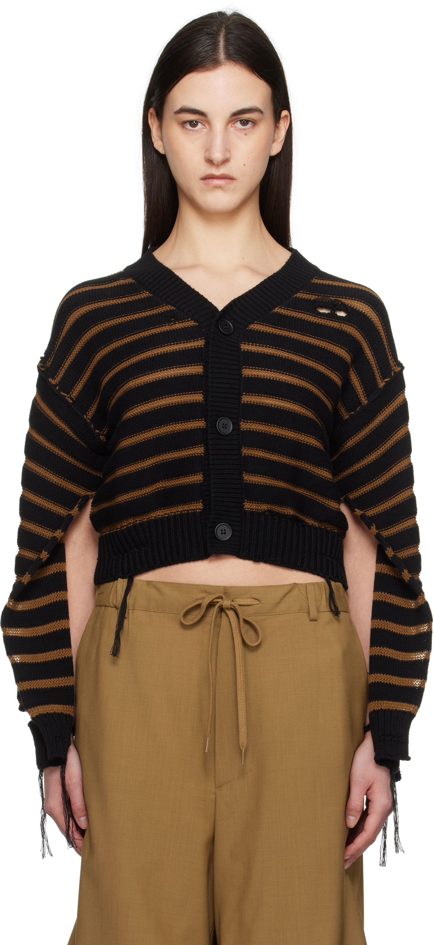 Sveter Maison Margiela MM6 Maison Margiela Striped Distressed V-Neck Cardigan Čierna | S52HP0025 M13080, 0