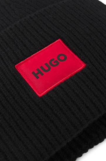 Kulicha BOSS HUGO Wool-Blend Beanie with Logo Patch Čierna | 50502579, 1