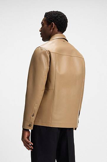 Bunda BOSS Shirt-style leather jacket with flap pockets Béžová | 50543222, 1