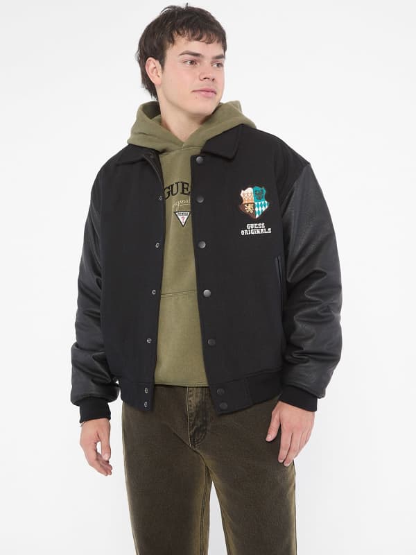 Bomber bunda GUESS Melton Letterman Jacket Čierna | M4BL50WEI00, 0
