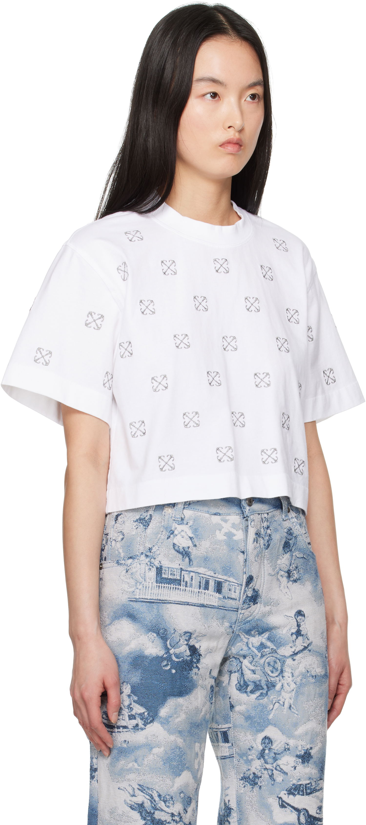 Crop Top Off-White Off-White Little Arrows Lurex Crop T-Shirt Biela | OWAA090S25JER0040172, 1