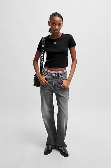 Crop Top BOSS Slim-Fit T-Shirt with Stacked Logo Embroidery by HUGO Čierna | 50512000, 1
