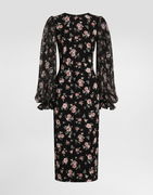 Vintage Roses-print Charmeuse Midi Dress with Sheer Puffed Sleeves