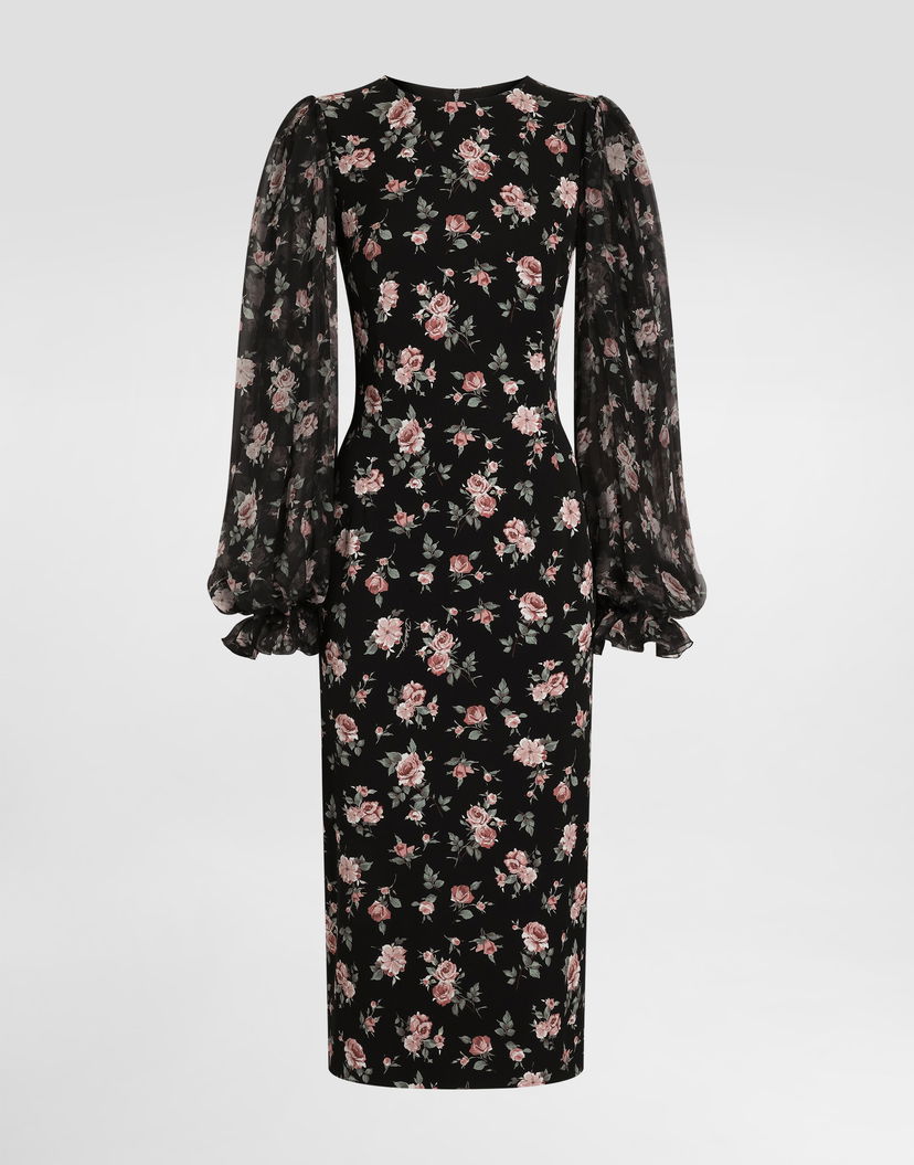 Šaty Dolce & Gabbana Vintage Roses-print Charmeuse Midi Dress with Sheer Puffed Sleeves Rôznofarebný | F611DTFSA8CHN5XQ