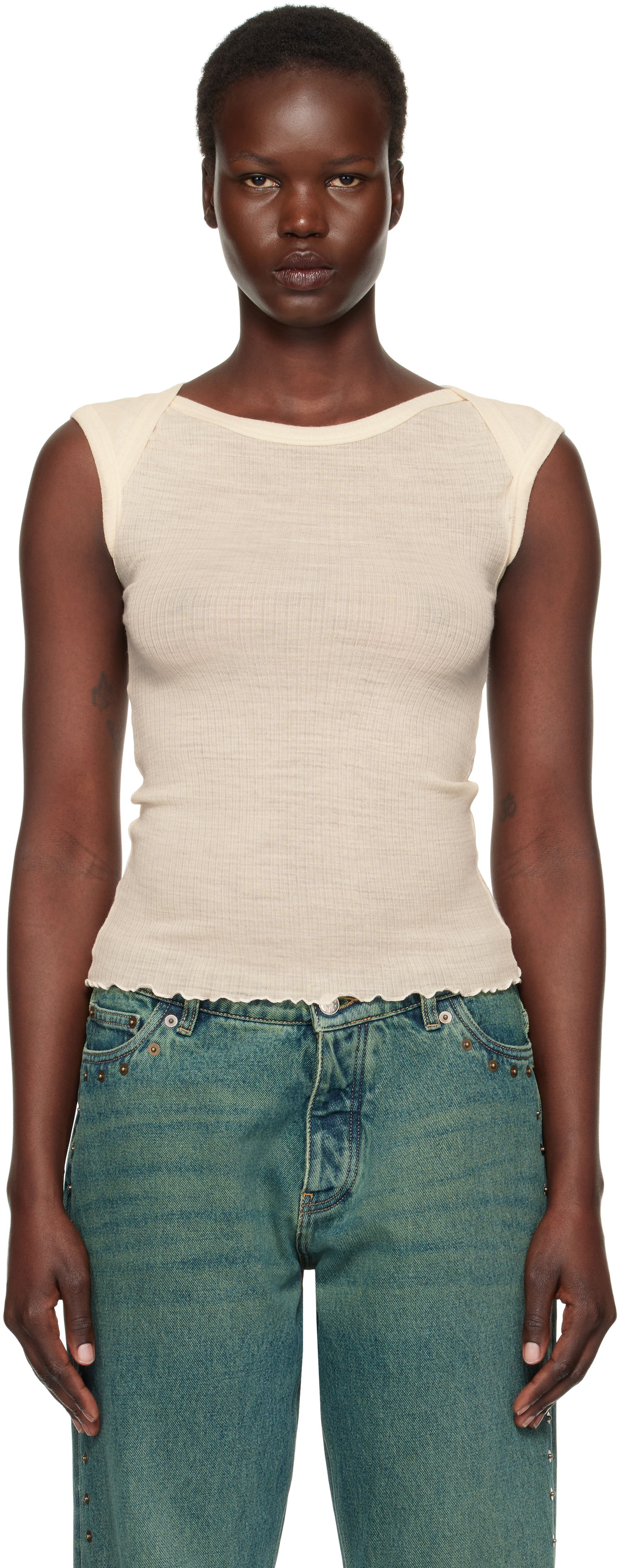 Tielko Baserange Ribbed Knit Cap Sleeve Tank Top Béžová | TODI-WO-SP25, 0