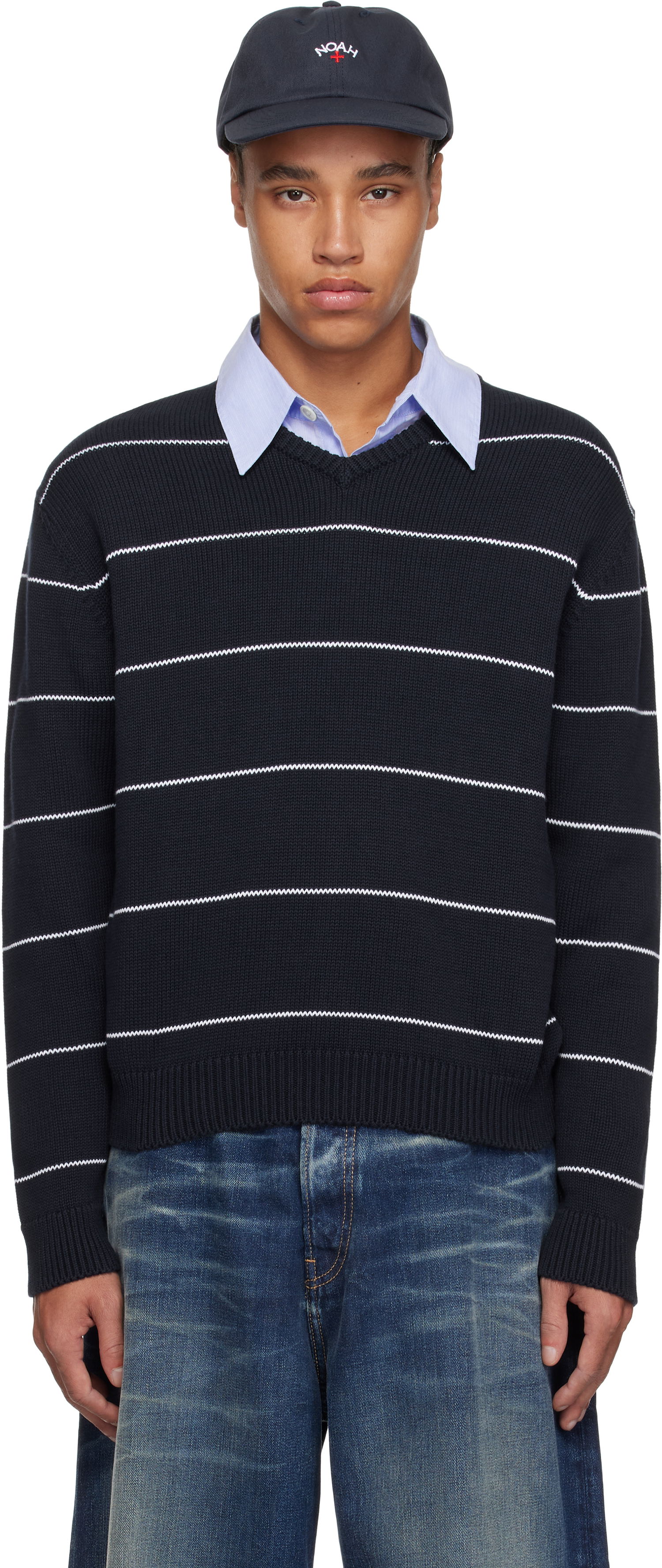 Sveter Noah Noah Striped V-Neck Sweater Navy | SW096SS25NVY, 0