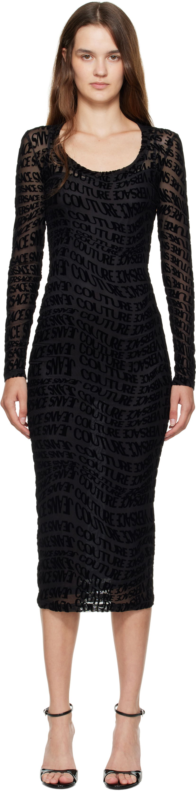 Šaty Versace Versace Jeans Couture Flock Liquify Tulle Midi Dress Čierna | E79HAO920_EJS490