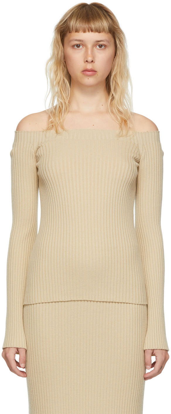 Tielko CHLOÉ Off-the-Shoulder Ribbed Wool Sweater Béžová | CHC22UMP11650, 0
