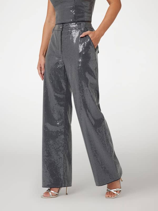 Nohavice GUESS Sequined Wide Leg High-Waisted Pants Šedá | W5RB32WGX40, 0