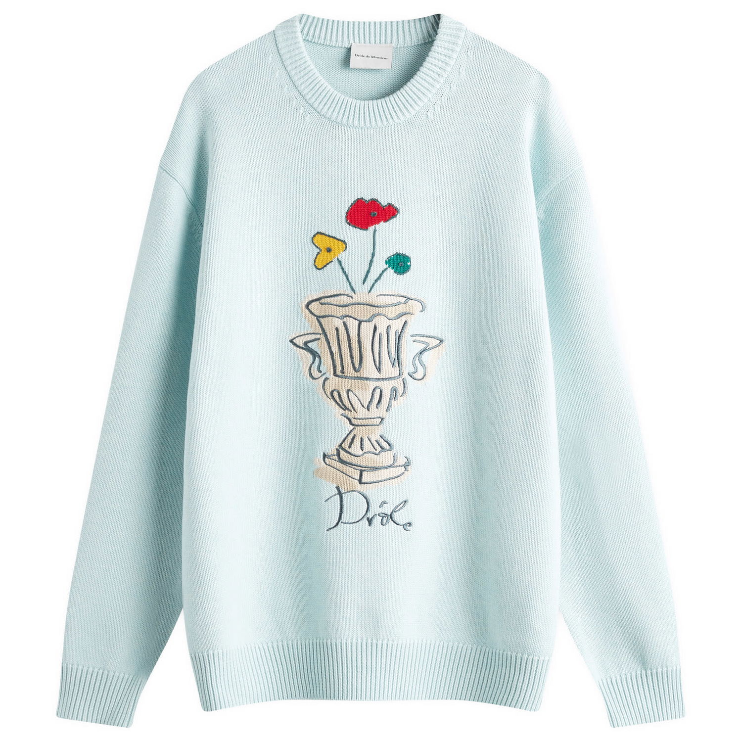 Sveter Drôle de Monsieur Crew Knit with Vase Embroidery Modrá | F-PO174-WO023-LBE, 0