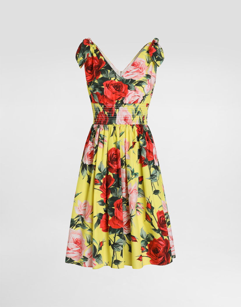 Šaty Dolce & Gabbana Dolce & Gabbana Cotton Midi Dress with Rose Print and Tie-Shoulder Straps Žltá | F6I0ATHS5TFHG5JD