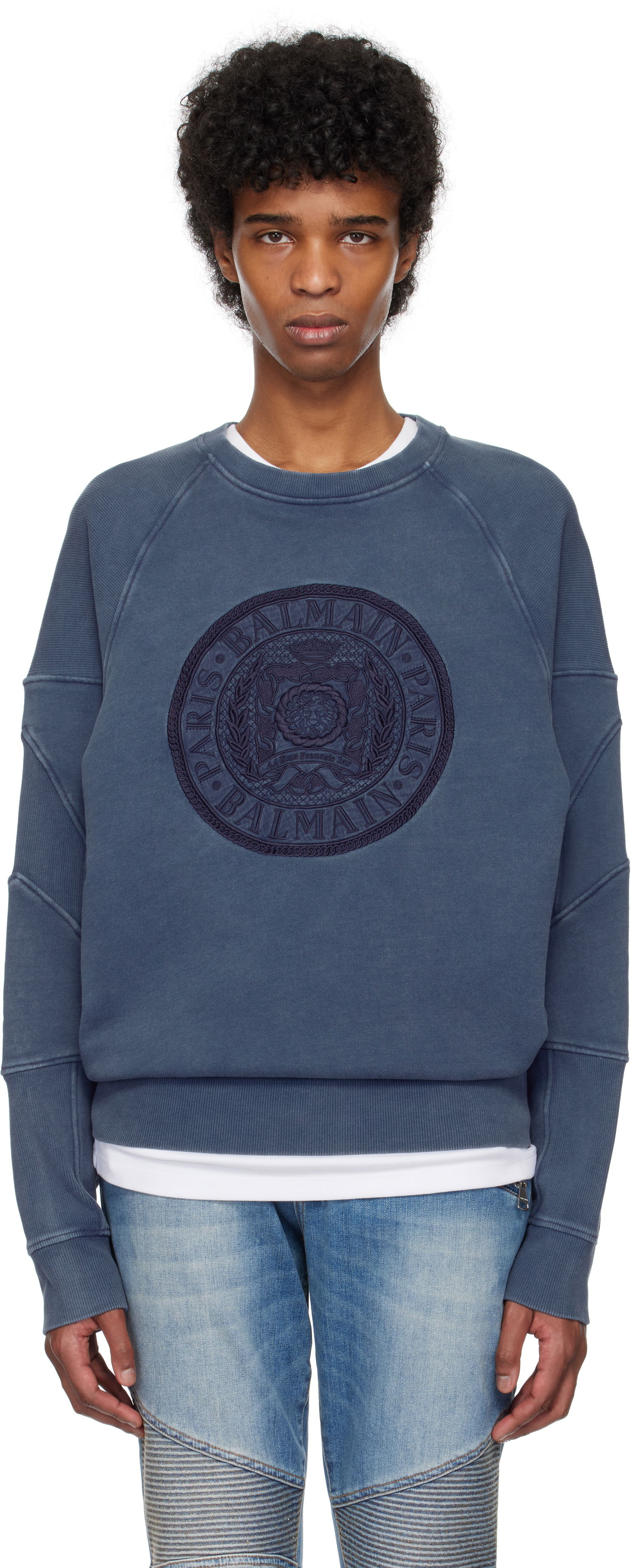 Sveter Balmain Balmain Ribbed Coin Embroidery Sweatshirt Modrá | EH1JS007BC89, 0