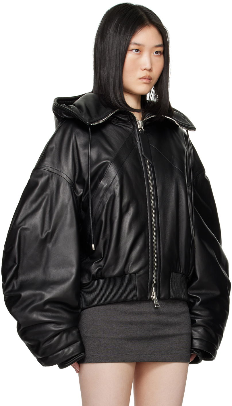Attico Leather Bomber Jacket with Hood