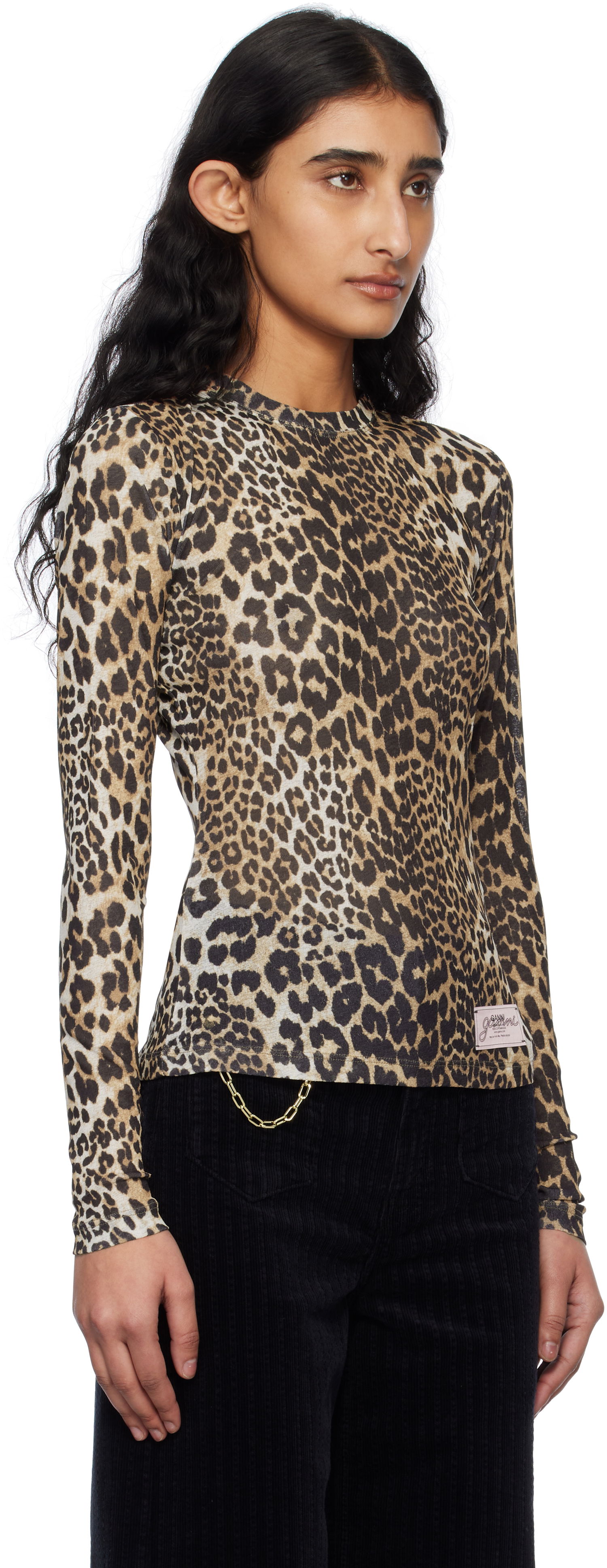 Tričko GANNI GANNI Leopard Print Long Sleeve T-Shirt Béžová | T4208, 1