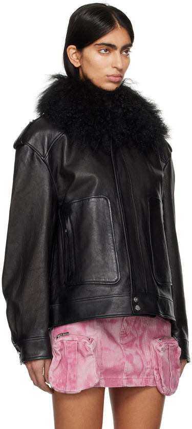 Bomber bunda Blumarine Spread Collar Leather Biker Jacket With Fur Čierna | P422L043A, 1