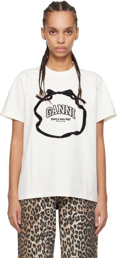 Tričko GANNI GANNI Heavy Cotton Bow Relaxed T-Shirt Biela | T4110, 0
