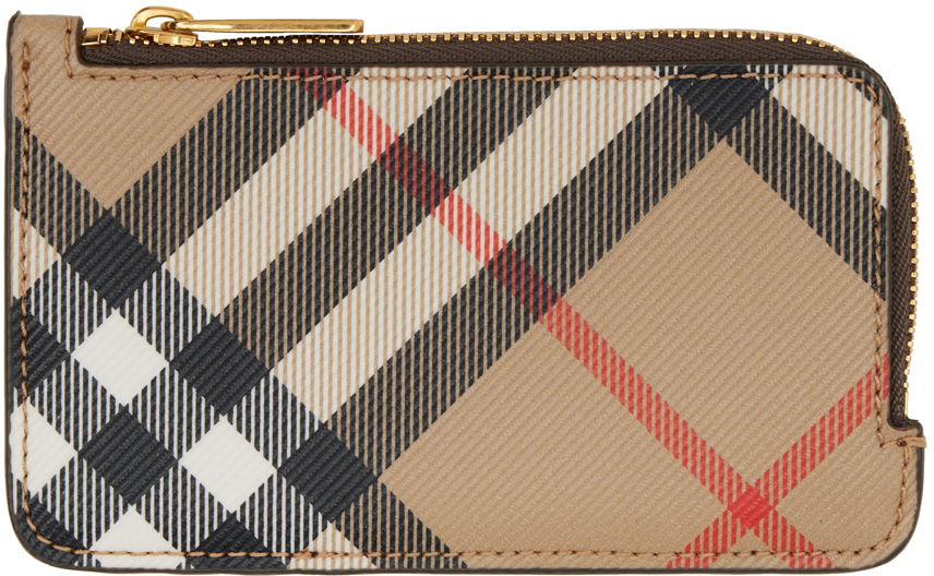 Beige & Khaki Check Zip Card Case Wallet