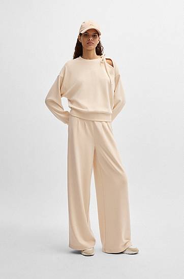 Nohavice BOSS Wide-Leg Tracksuit Bottoms with Pleats Béžová | 50531832, 1