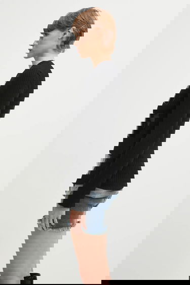 Sveter Maison Margiela MM6 Maison Margiela Ribbed Wool Blend Long-Sleeve Sweater with Shiny Panels Čierna | S62HL0041.M13196.900S, 1