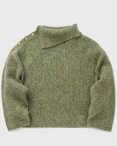Sveter GANNI Melange Brushed Mohair Oversized Ribbed Knit Sweater with Asymmetric Buttoned Neck Zelené | K2556-753, 1