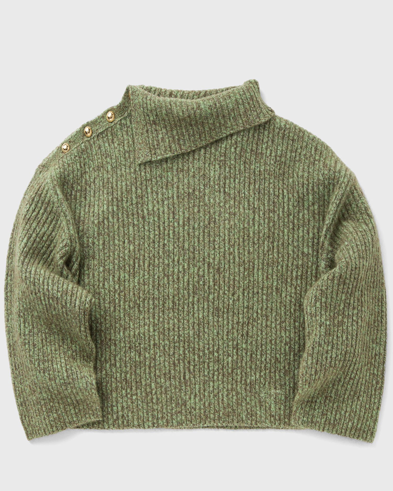 Sveter GANNI Melange Brushed Mohair Oversized Ribbed Knit Sweater with Asymmetric Buttoned Neck Zelené | K2556-753, 1