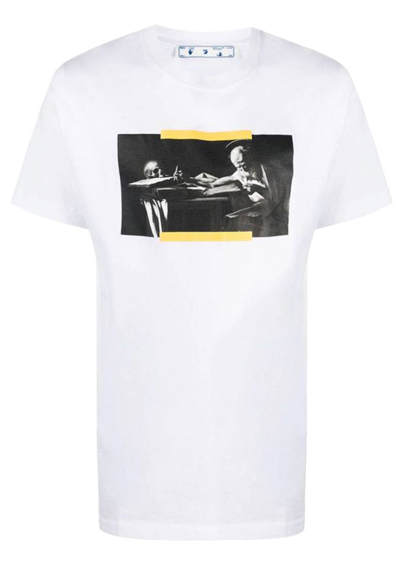 Tričko Off-White Caravaggio Saint Jerome Writing Hands Off Logo Slim Fit T-shirt While/Black/Yellow Biela | OMAA027F21JER0140184