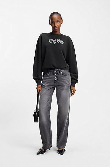 Mikina BOSS Cropped cotton-terry sweatshirt with embroidered HUGO heart logo Čierna | 50555824, 1
