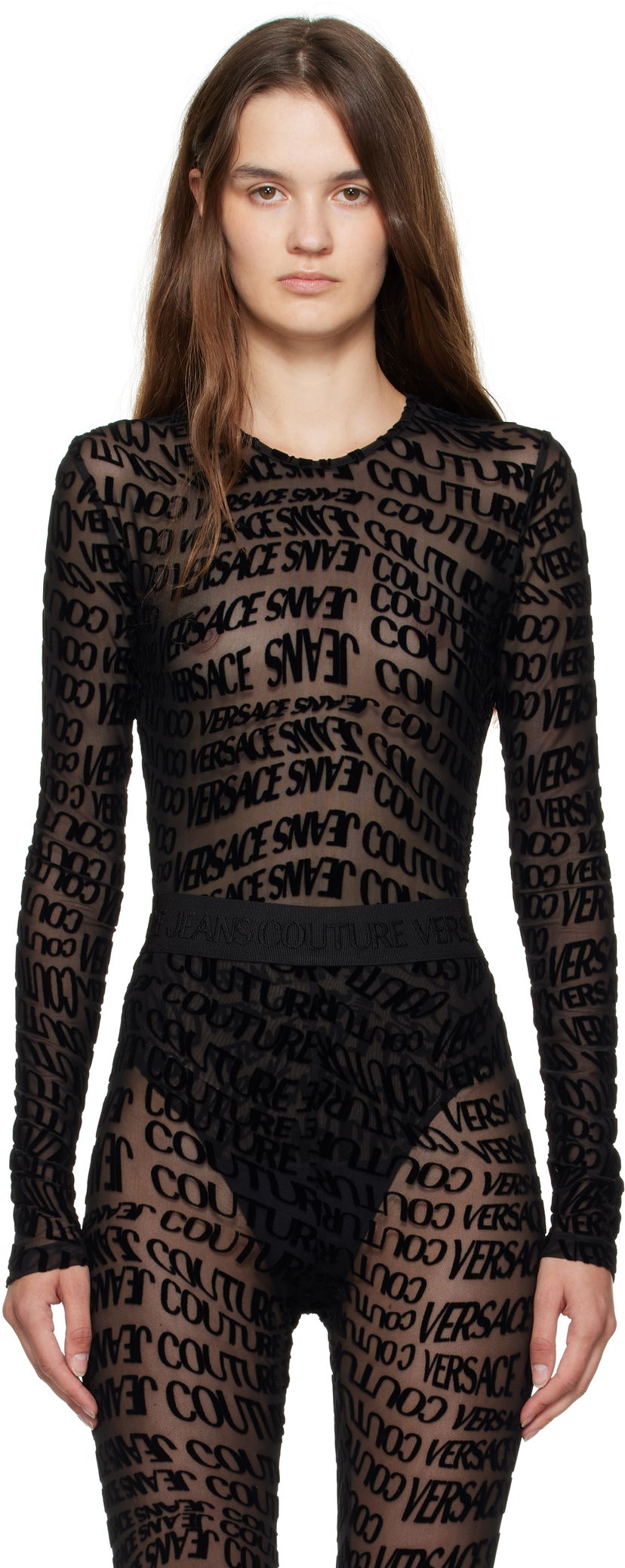 Body Versace Versace Jeans Couture Tulle Flock Liquify Bodysuit Čierna | E79HAM221_EJS490