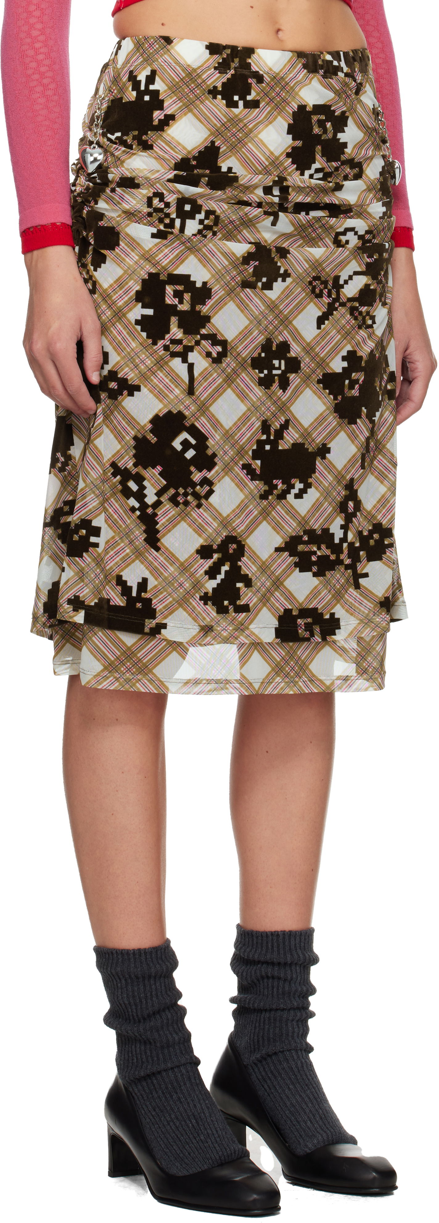 Sukňa Chopova Lowena Sonicscape Pixelated Plaid Ruched Mesh Knee Midi Skirt Rôznofarebný | 3278, 1