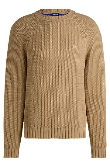 Sveter BOSS HUGO Ribbed Cotton Sweater with Logo Badge Béžová | 50518744