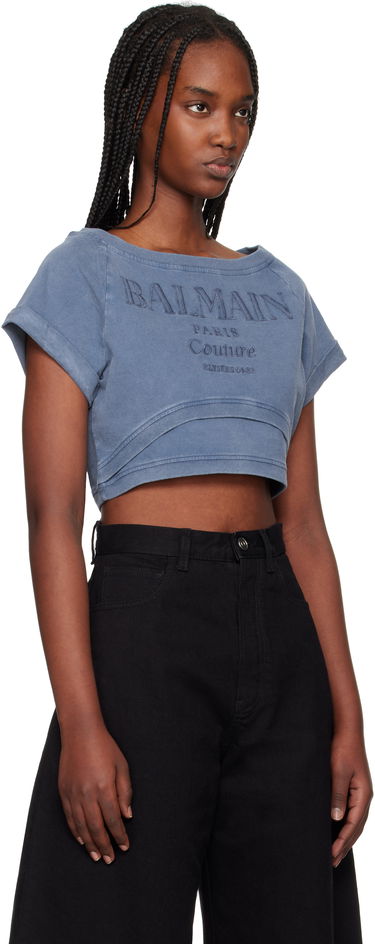 Crop Top Balmain Balmain Cropped Couture Embroidered T-Shirt Modrá | EF1EE121BC96, 1