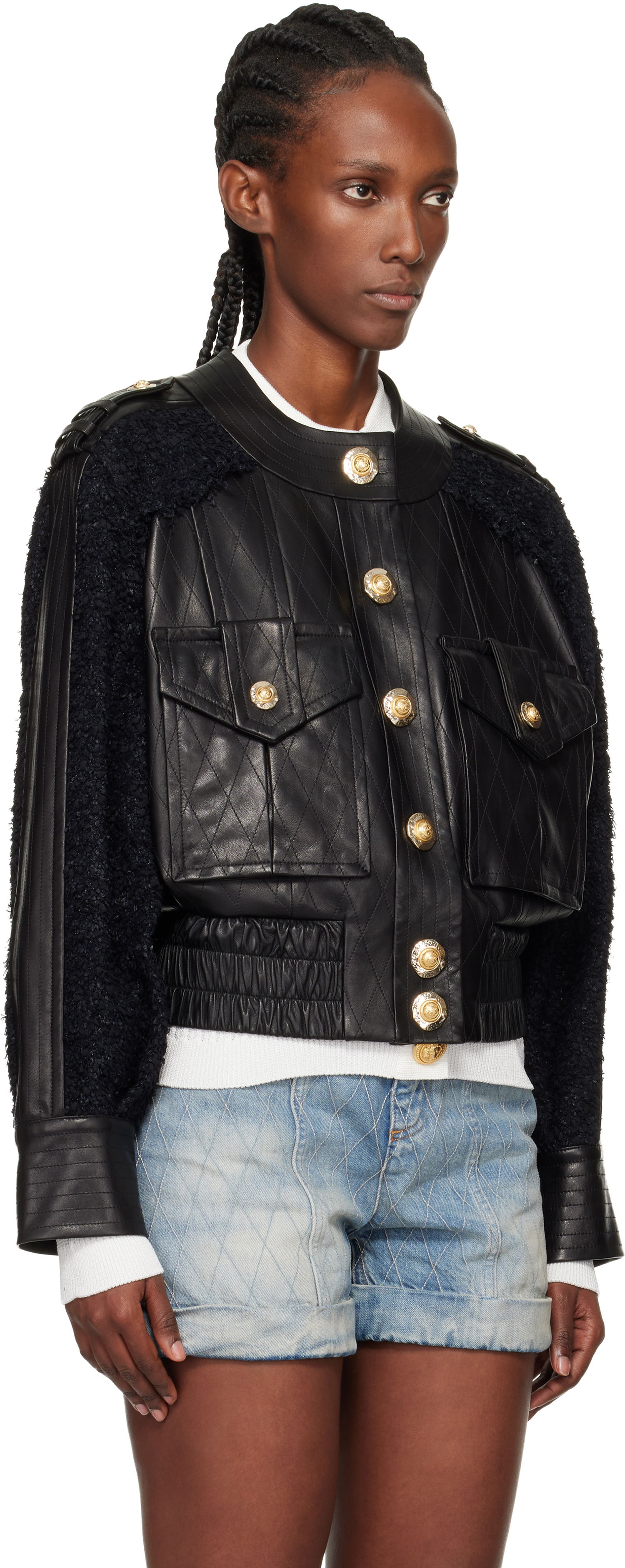 Bomber bunda Balmain Tweed & Quilted Leather Bomber Jacket Čierna | FF1TF500MH20, 1