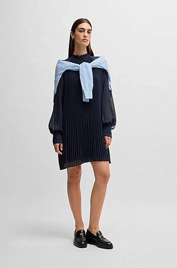 Šaty BOSS Pleated High-Neck Dress with Sheer Sleeves Navy | 50531542, 1