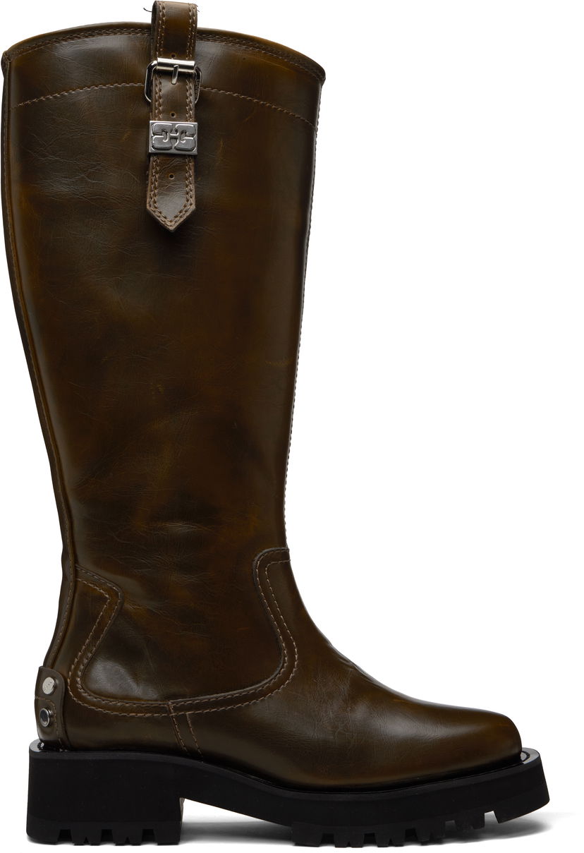 Tenisky a topánky GANNI High Tall Leather Buckle Boots with Chunky Sole Hnedá | S3023