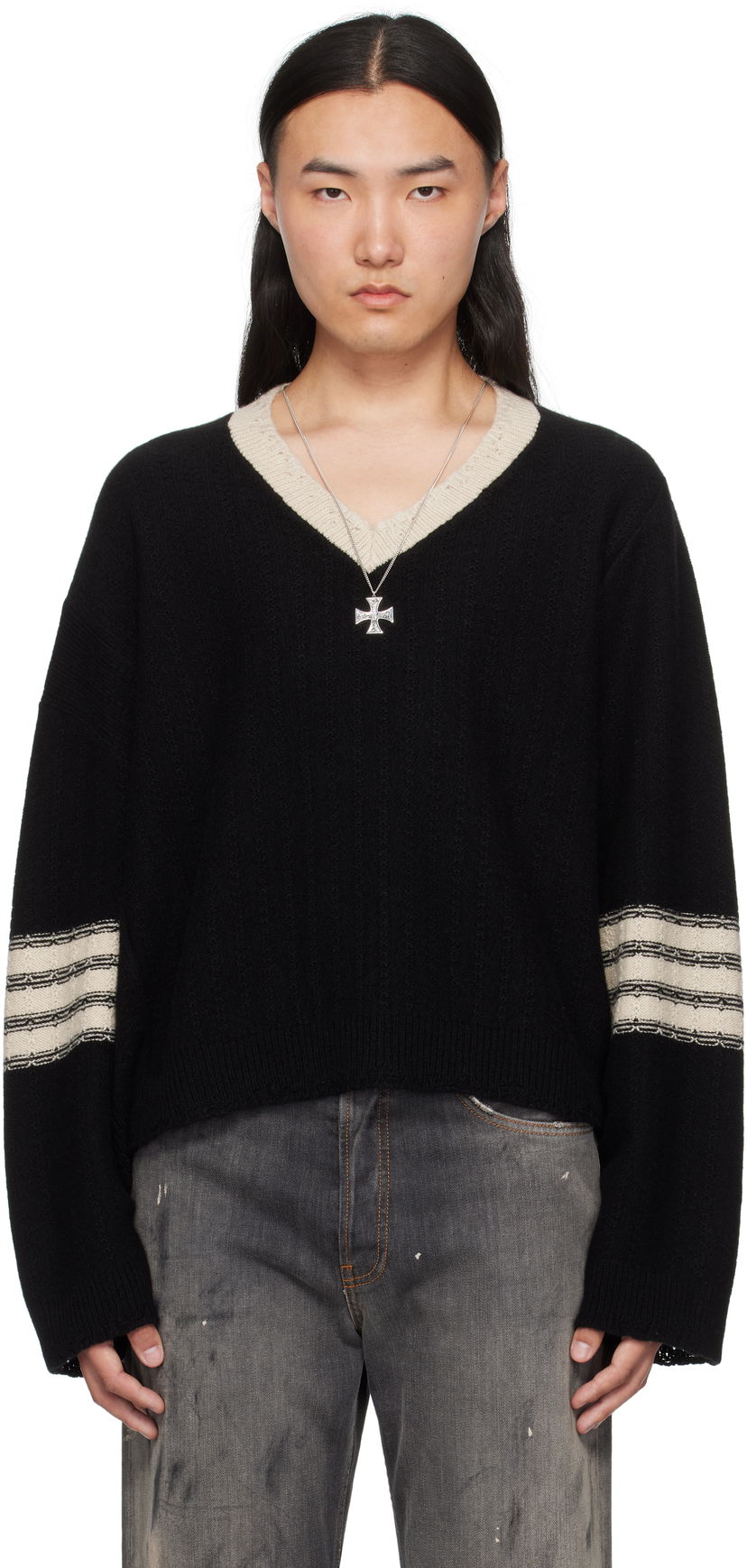 Sveter Enfants Riches Déprimés Asymmetrical Varsity V-Neck Sweater Čierna | 080-249