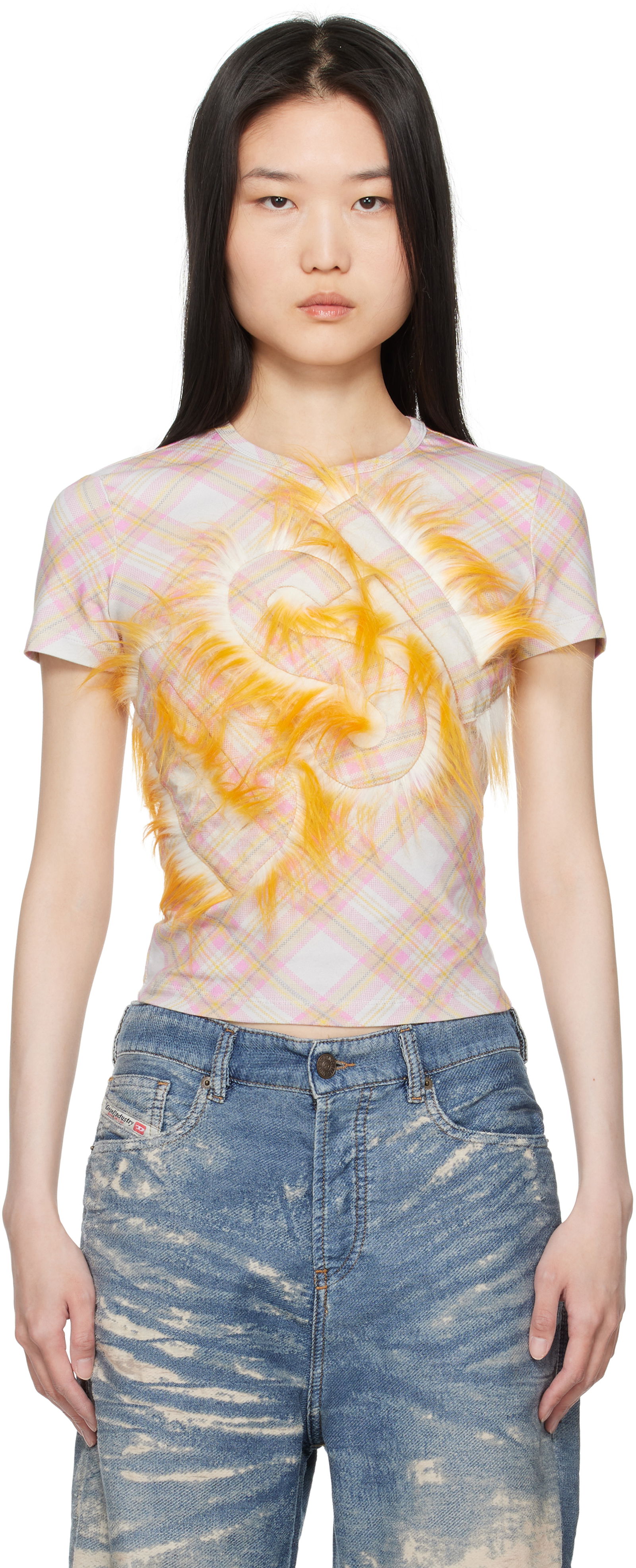 Plaid Cropped T-Shirt with Yellow Faux Fur Detail