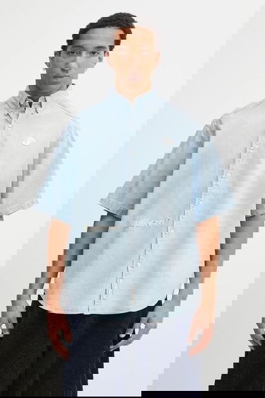 Košeľa AAPE by A Bathing Ape AAPE Now Relaxed Short-Sleeve Button-Down Denim Shirt Modrá | AAPSRM8515XXO, 0