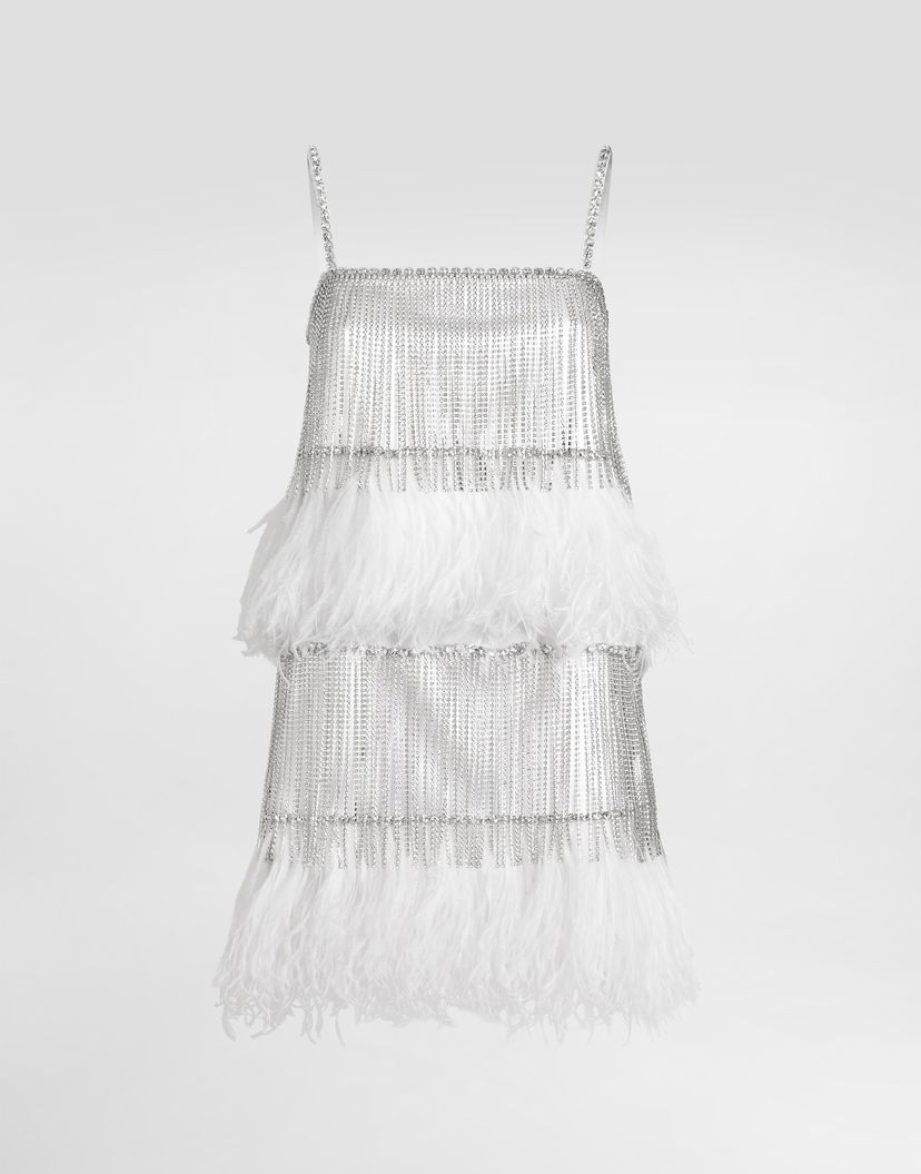 Šaty Dolce & Gabbana Dolce & Gabbana Satin and Feather Mini Dress with Crystal Fringe Biela | F60FHZGDDI6G1012
