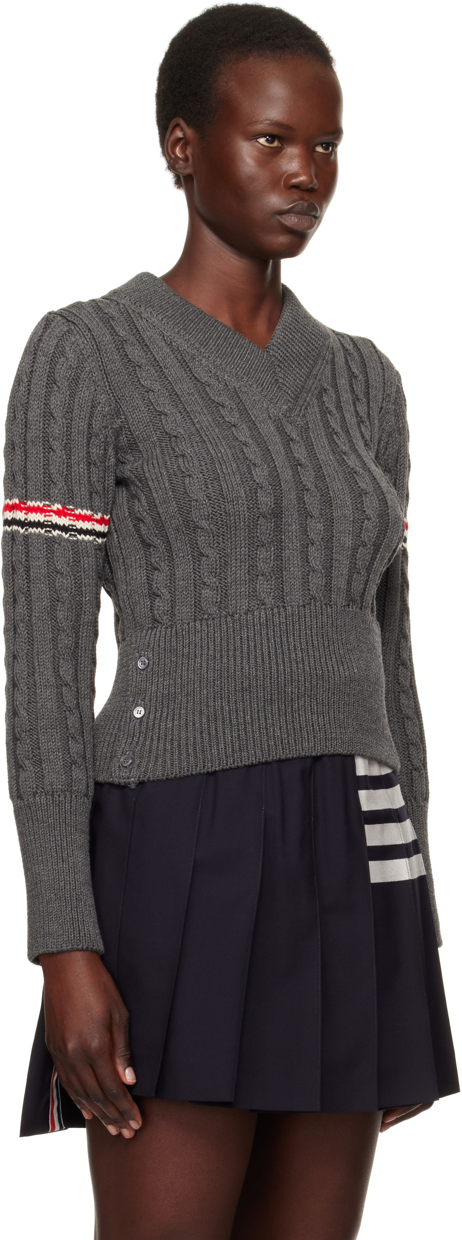Sveter Thom Browne Classic Cable V-Neck Wool Sweater Modrá | FKA479A-Y1024, 1