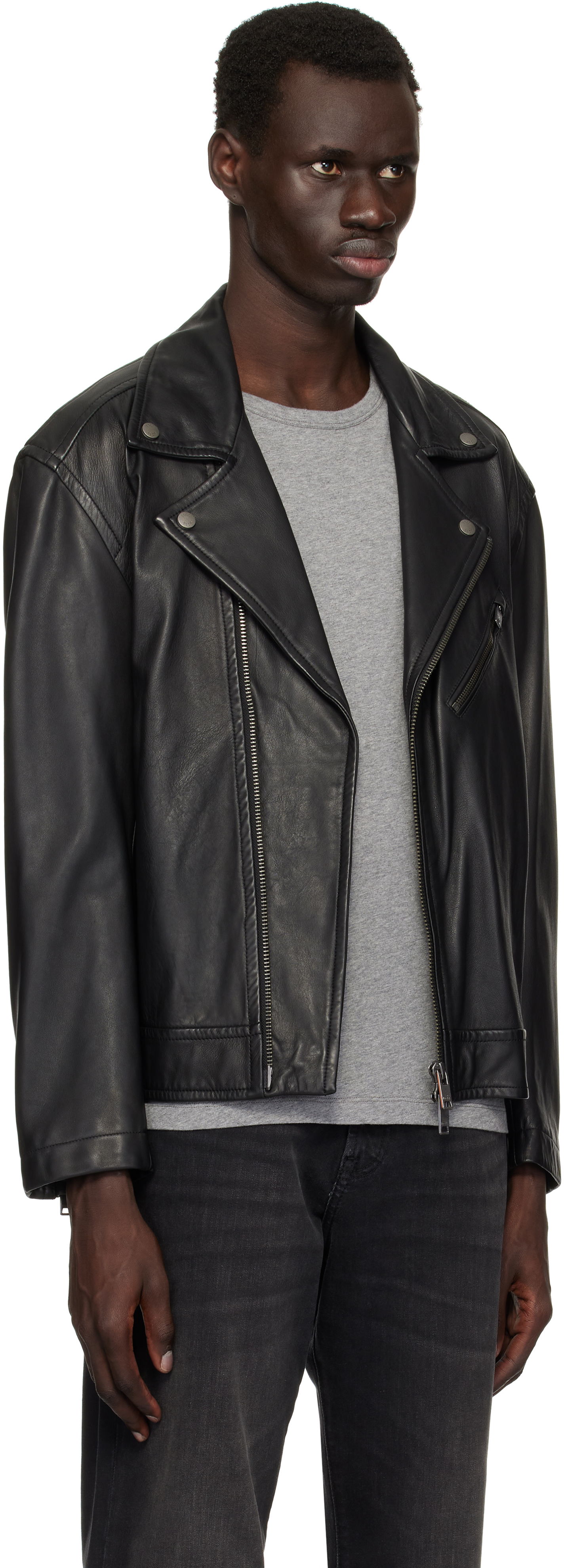 Bunda BOSS BOSS Zip Pocket Leather Biker Jacket Čierna | 50530258, 1