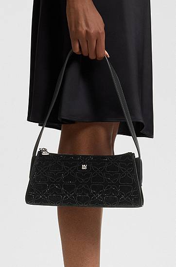 Taška cez rameno BOSS Velvet-touch hobo bag with rhinestone embellishments Čierna | 50552507, 1