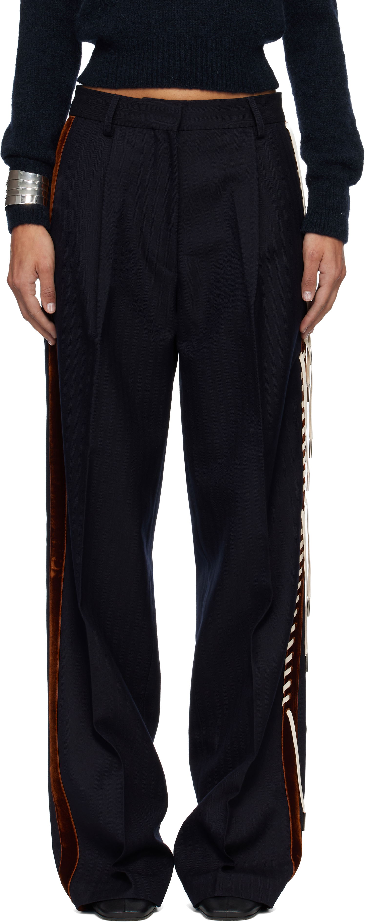 Nohavice Dries Van Noten Dries Van Noten Embellished Tuxedo Trousers with Velvet Side Stripe and Lace-Up Detail Navy | 252-010960-2193, 0
