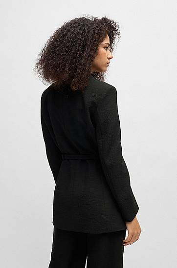 Bunda BOSS Seersucker Blazer with Buckled Belt Čierna | 50537559, 1