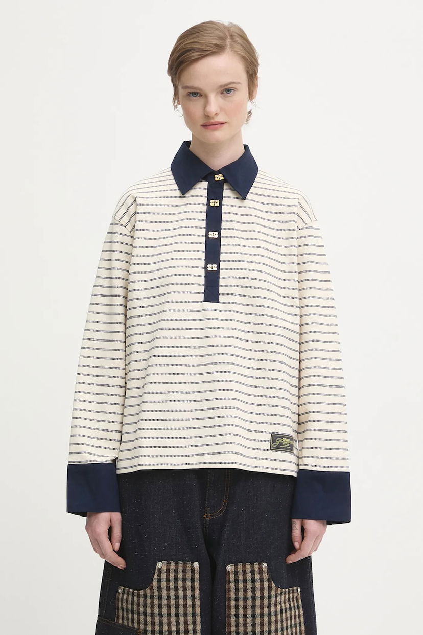 Polo tričko GANNI Striped Single Piquet Jersey Polo Shirt Béžová | T4215