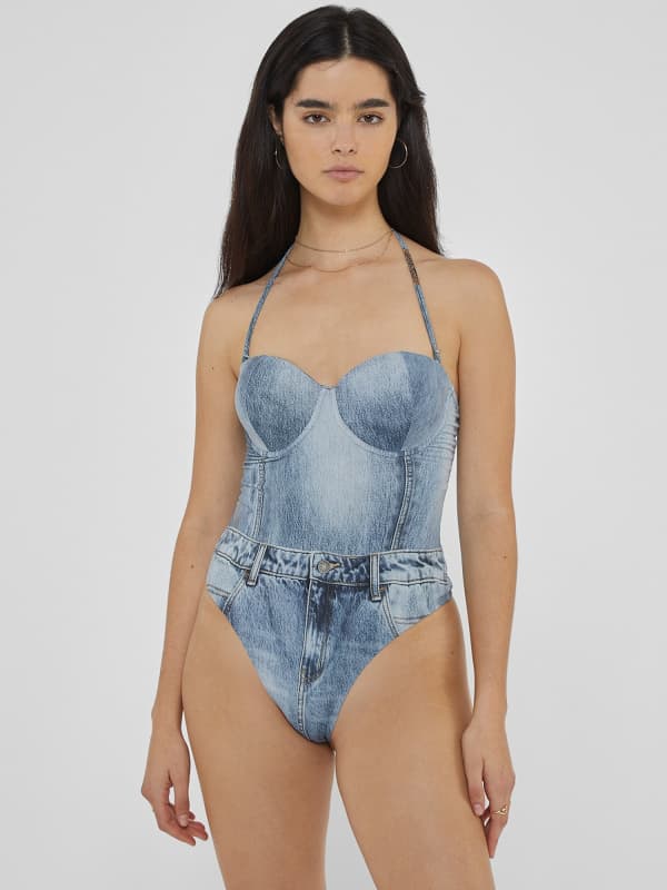 Plavky GUESS Originals Denim Print One Piece Swimsuit Modrá | W4YP22KBFK0