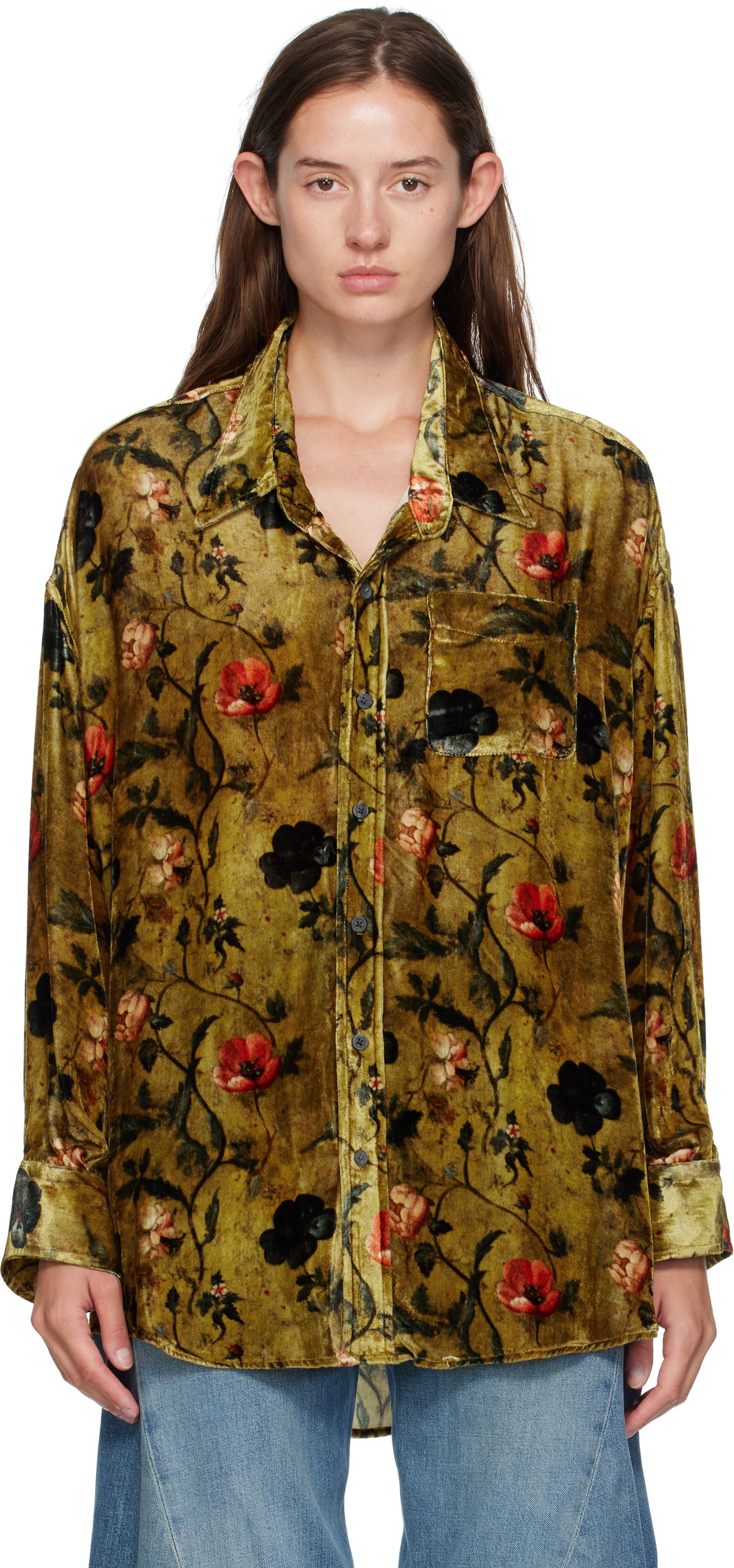 Košeľa R13 R13 Floral-Print Velvet Drop-Neck Shirt Zelené | R13WR004-R595A, 0