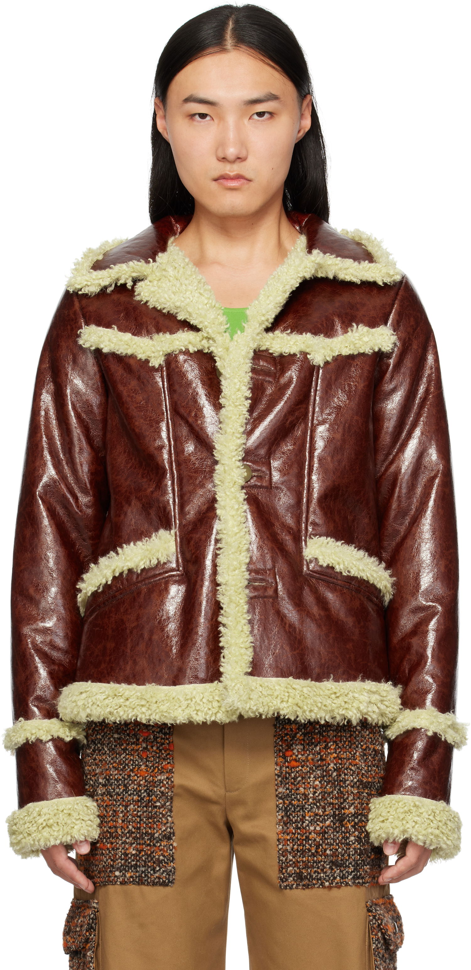 Bunda Anna Sui Anna Sui Runway Faux-Leather and Shearling Jacket Hnedá | M824A31, 0
